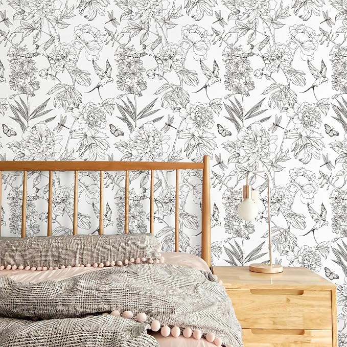 Jiffdiff White and Black Wallpaper Peel and Stick Sketched Peony Floral - Image 4