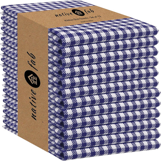 Native Fab 12 Pack Gingham Mini Check Kitchen Dish Towel Cotton Durable Washable 16"x26" - Tea Towels, Soft Absorbent Cleaning Towels, Hand Towel with Hanging Loop - Blue White
