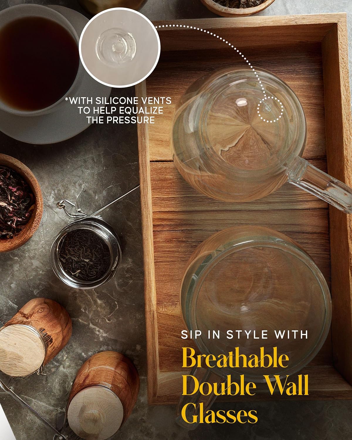 Kitchables Double Walled Glass Coffee Mugs Set of 2, 15oz - Insulated Glass Coffee Mugs for Cappuccino, Latte, Tea, Espresso - Latte Cup - Tazas Para Cafe