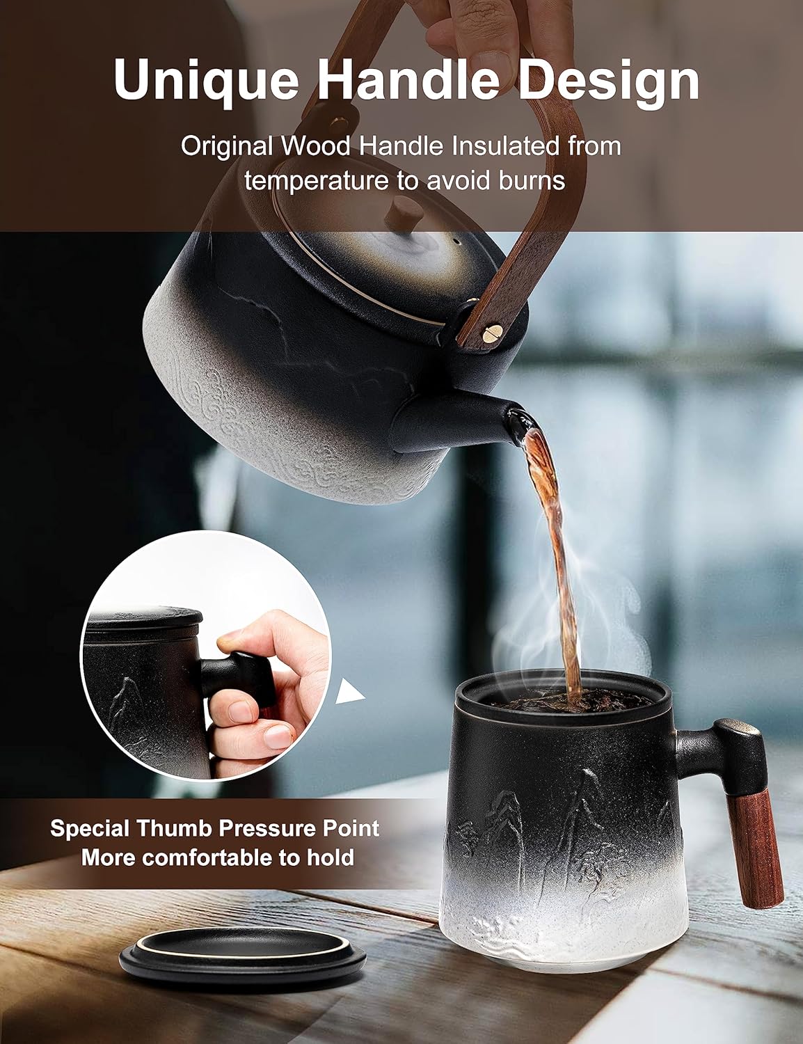 suyika Ceramic Tea Cup with Infuser and Lid, Gradient Embossed Large Tea Mug Wooden Handle for Steeping Loose Leaf, Tea Lover Gifts 15.2 oz / 450 ml,Matte Black