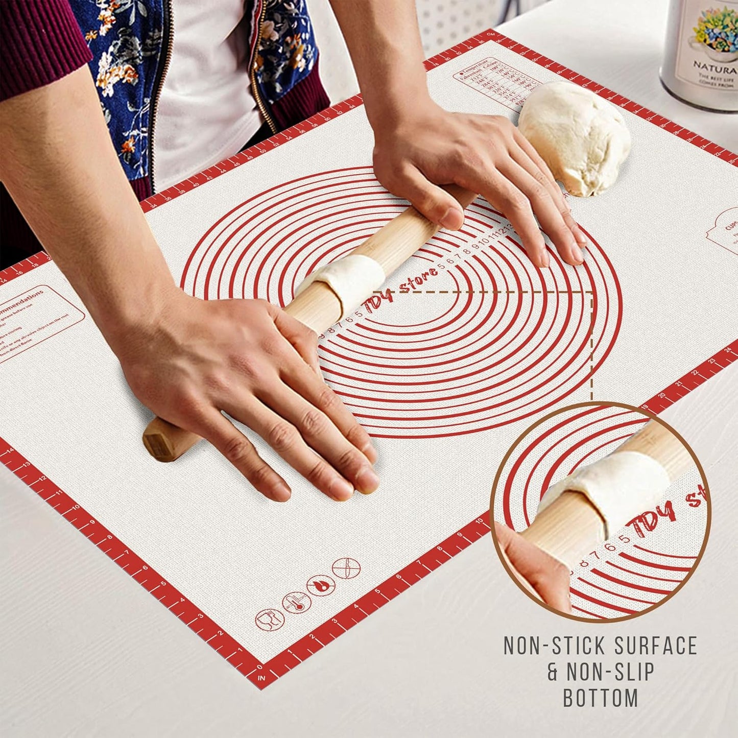 26 * 16 inches Red, Non-Slip Silicone Baking Sheets - Baking Mat with 0.7mm Thickness - Non-Stick Pastry & Cookie Mat for Kitchen Counter for Rolling Out Dough with Measurements.