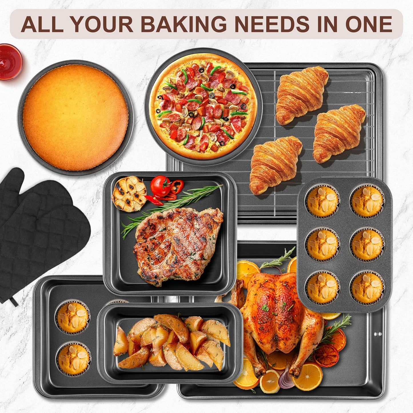 12PCS Nonstick Baking Pans Set - Stackable Bakeware Sets with Wider Grip, Carbon Steel Baking Set Including Cookie Sheets for Baking, Muffin Pan, Loaf Pan, Cake pan, Roasting Pan, Oven Mitts