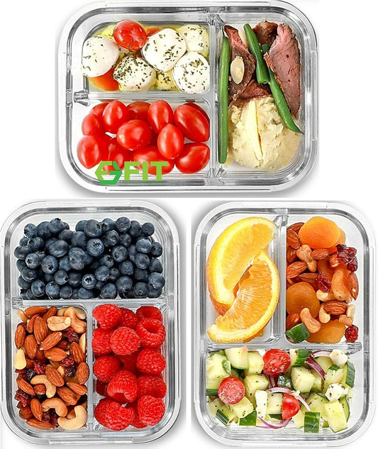 FIT Strong & Healthy Glass Meal Prep Containers 3 Compartment - Bento Box Adult Lunch Containers – Glass Snack Container with Lids, Leak-Proof Cover, Sectioned Storage Container, 32oz, Blue, 3 Pack