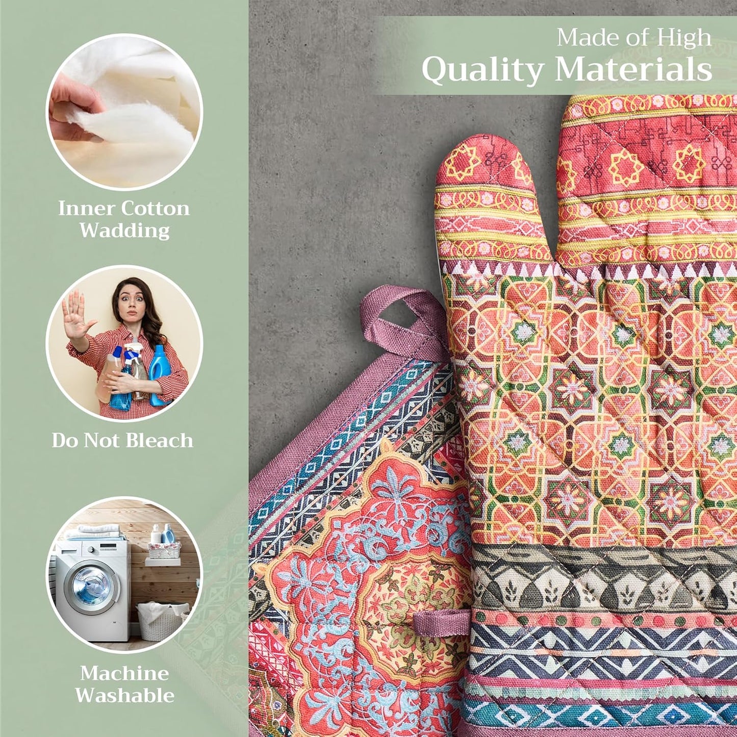 Maison d' Hermine 100% Cotton Oven Mitt & Pot Holder Set (7.5"x13" & 8"x8") Heat Resistant BBQ Cooking Gloves with Loop, Baking, Grilling, Kitchen, Handling Hot Pans (Ispahan)