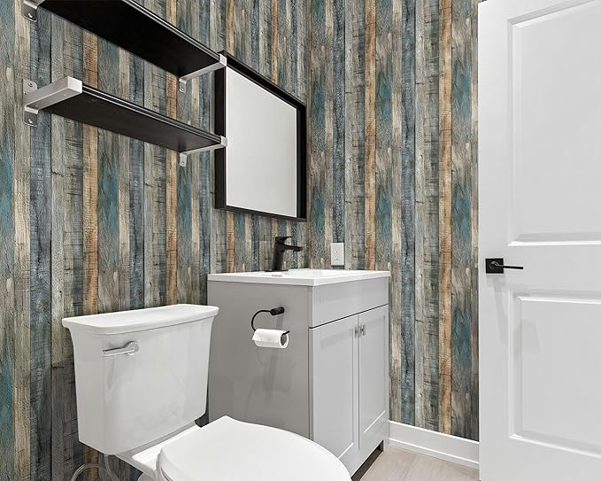FLFK 16" x 384" Wallpaper Peel and Stick Blue-Gray Wood Contact Paper - Image 5