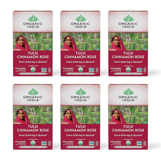 Organic India Tulsi Cinnamon Rose Herbal Tea - Holy Basil, Stress Relieving & Mystical, Immune Support, USDA Certified Organic, Supports Sugar Metabolism, Caffeine-Free - 18 Infusion Bags, 6 Pack