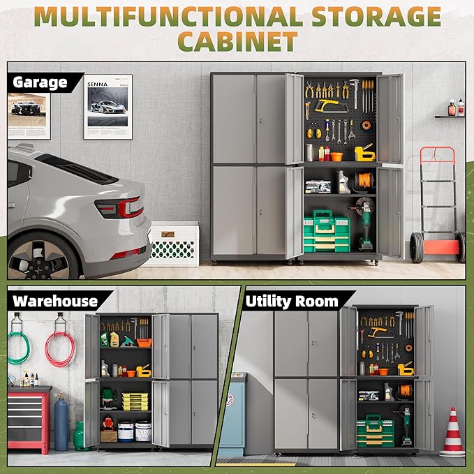Garage Storage Cabinet with Wheels, Lockable Metal Storage Cabinet - Image 7