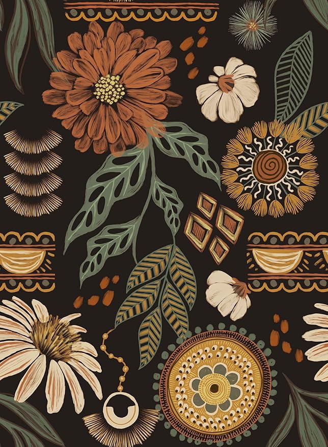 Simon&Siff Boho Peel and Stick Wallpaper, 17.3" x 80" Sun Floral Retro Contact by SimonSiff