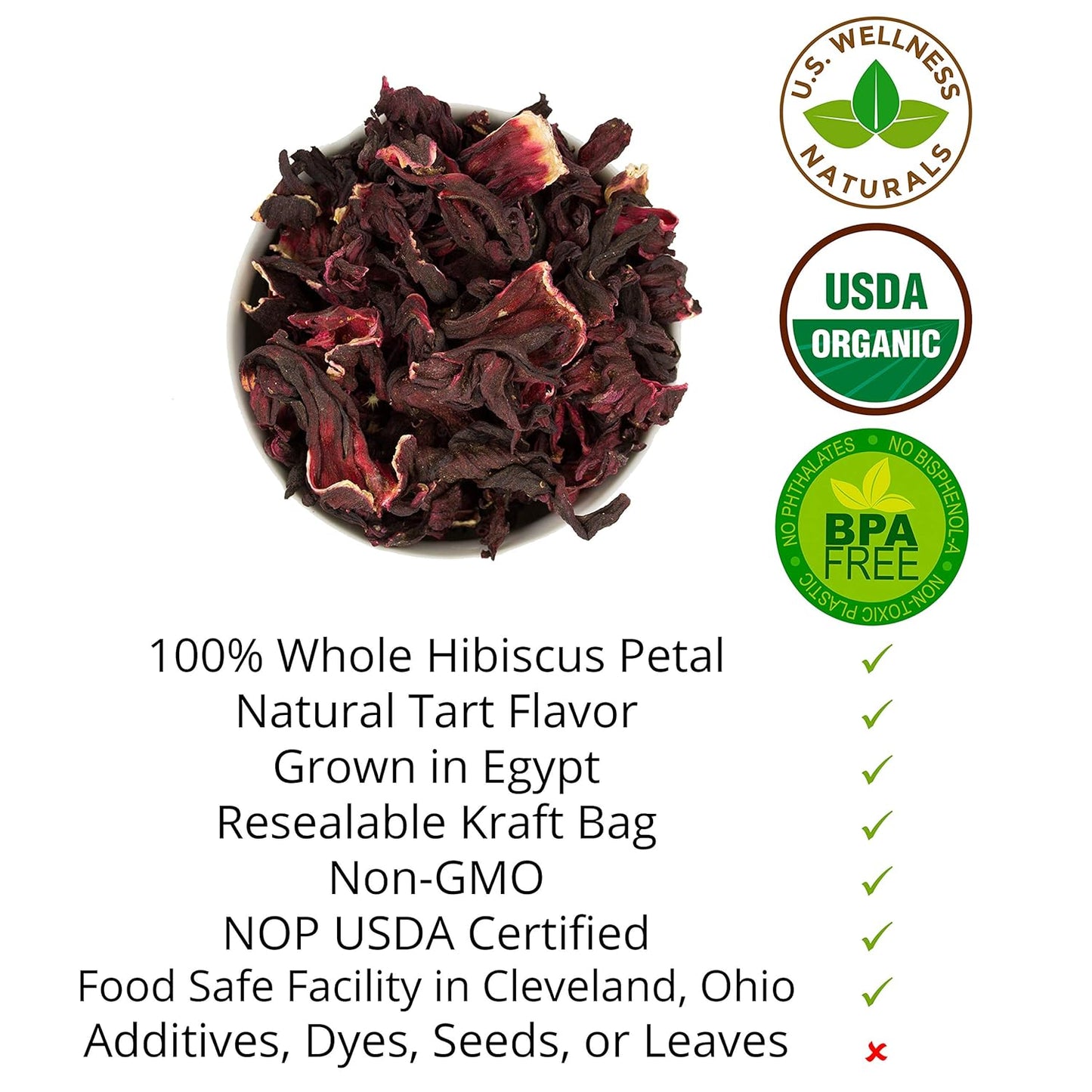Hibiscus Tea 1LB (16Oz) 100% CERTIFIED Organic Hibiscus Flowers Herbal Tea (WHOLE PETALS), Caffeine Free in 1 lbs. Bulk Resealable Kraft BPA free Bags from U.S. Wellness
