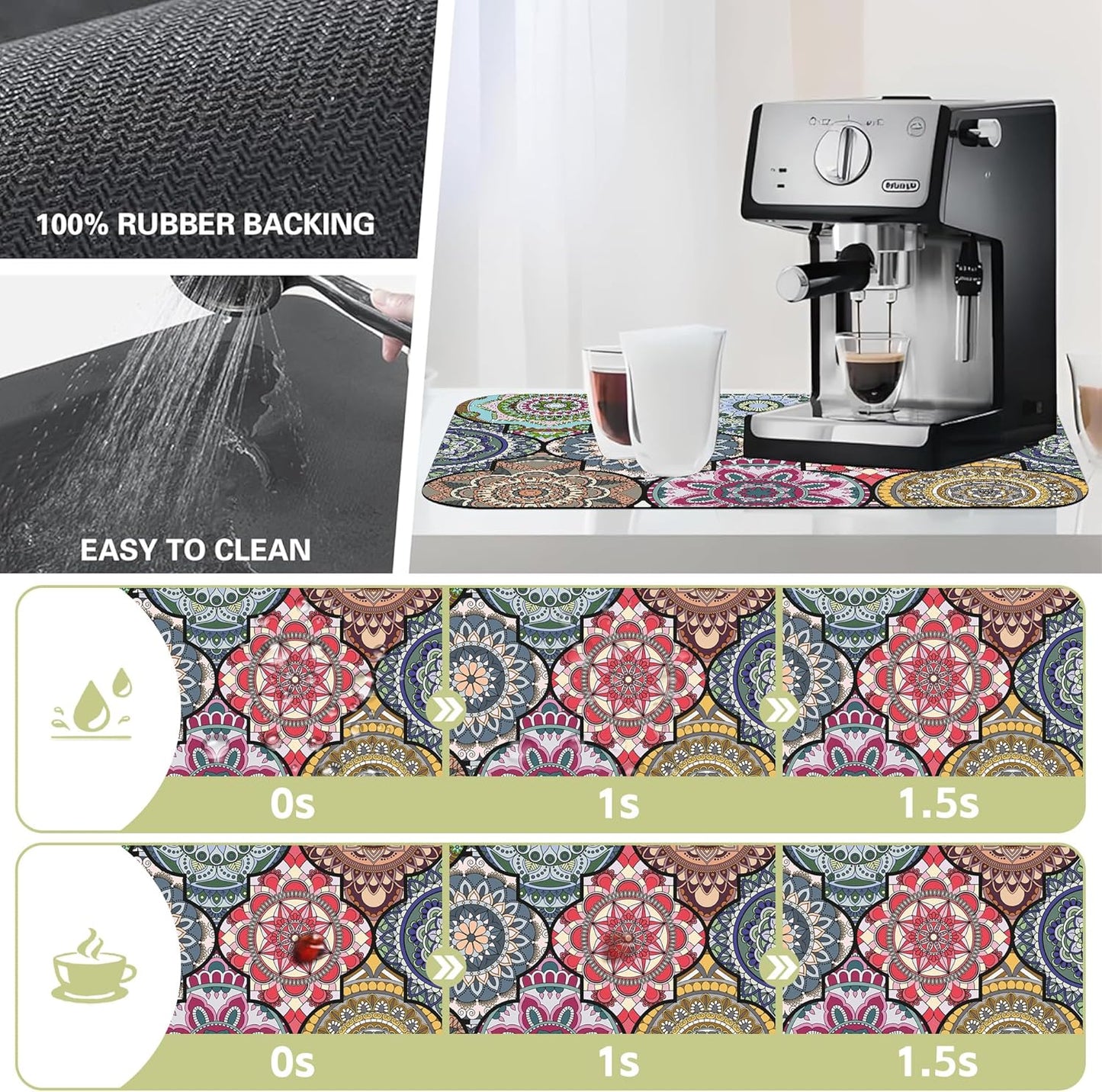 Dish Drying Mat Bohemia Vintage Decorative Pattern Kitchen Mat 12"x19" Bsorbent Coffee Maker Mat for Dishes,Utensils Coffee Maker Pots and Pans Easy Clean Dish Slip Resistant Pad