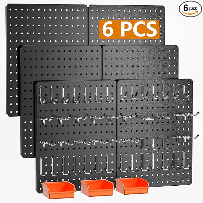 Peg Board, 6 Pack Black Peg Board Panels, 60lbs Load Capacity Each, Pegboard by Hogurity