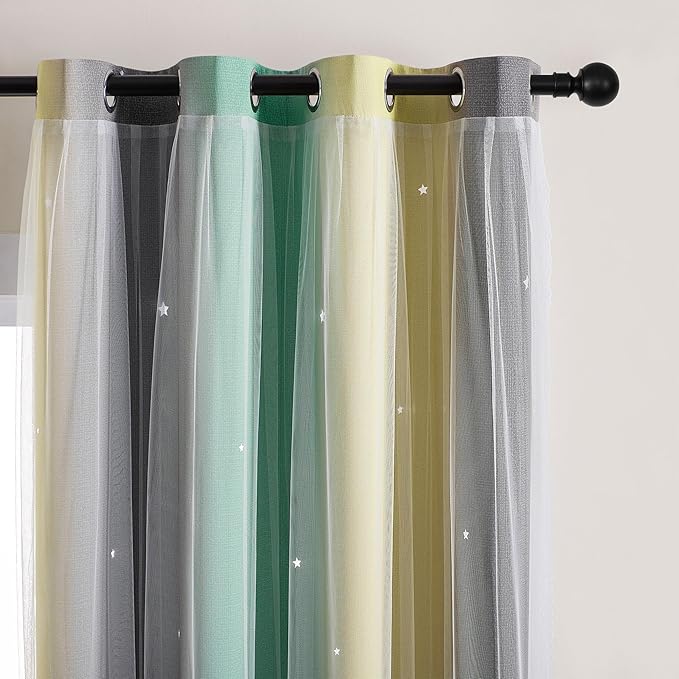 XiDi Curtains for Bedroom Decor, Rainbow GreenYellowGrey52/54/1 - Image 3