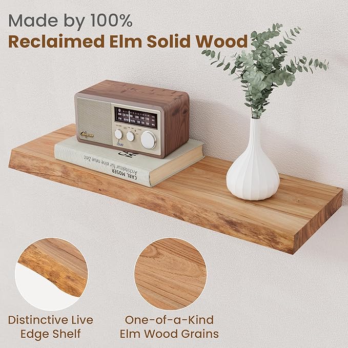 Floating Shelves for Wall Decor, Rustic Solid Elm Wood Live Edge Floating - Image 3