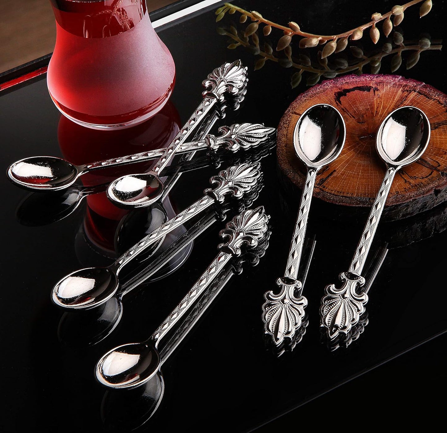 Alisveristime Turkish Tea Spoons Set – 6-Piece Zamac Ottoman-Style Decorative Spoons for Tea & Coffee (4.3”) (Silver)