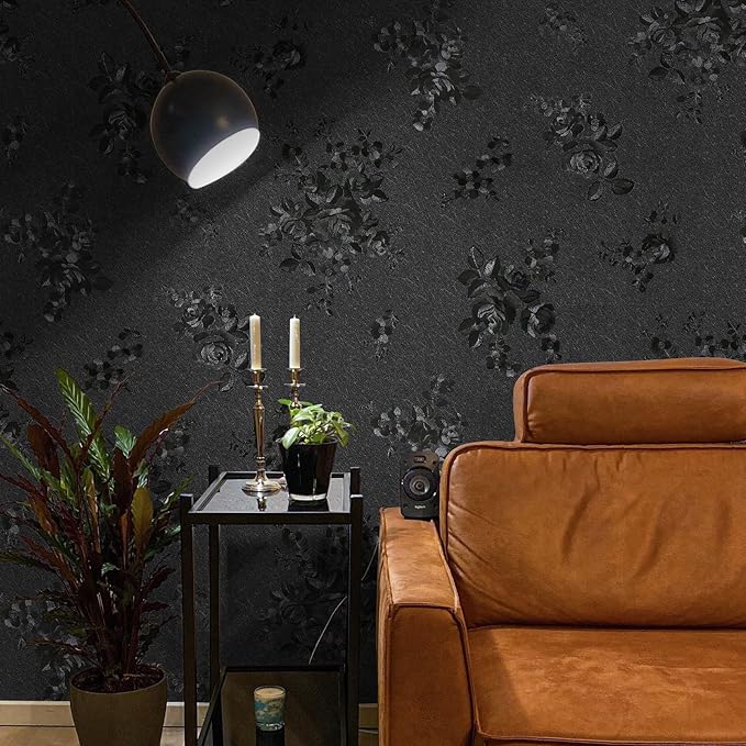Black Peel and Stick Wallpaper 787.4inL17.3inW Silk Embossed Floral Contact - Image 5