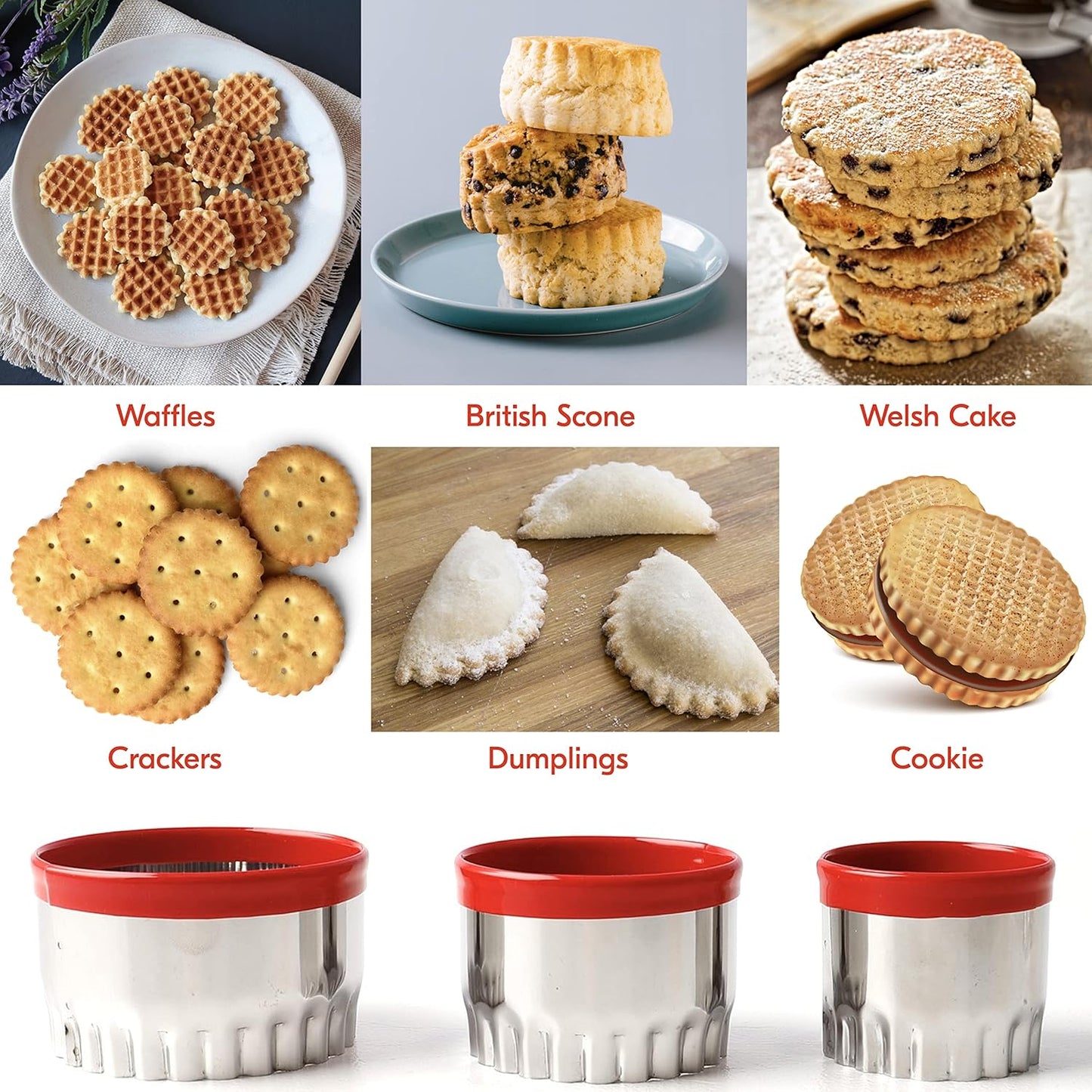 3Pcs Large Biscuit Cutter 3", 4", 5", Fluted Round Cookie Cutters for Baking, Sandwiches Cutter, Scone Cutter, Coated with Soft PVC for Protection