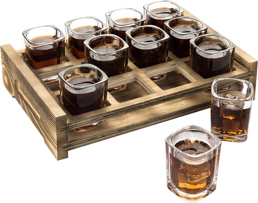 MyGift Shot Glass Serving Set Includes 12 Square Shot Glasses and Burnt Brown Wood Slotted Server Tray