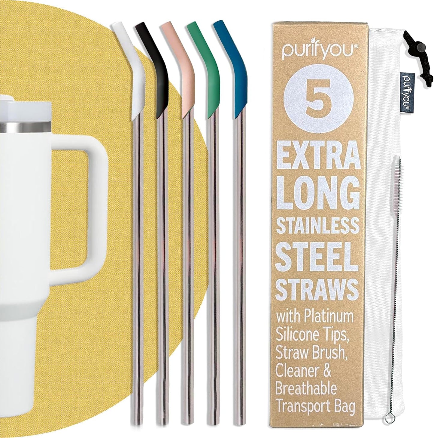 purifyou 14.5" Extra Long Stainless Steel Drinking Straws with Silicone Tips, Reusable Metal Straws for Tumblers, Smoothies, Milkshakes (Set of 5 with Brush)