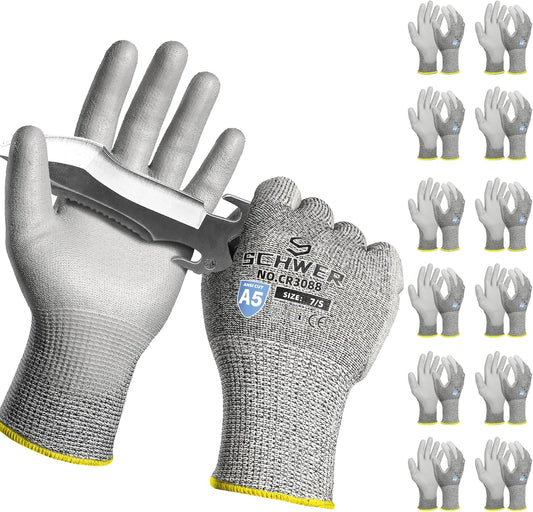 12 Pairs ANSI A5 Cut Resistant Work Gloves, Cut Proof Gloves with PU Coating, Used for Metal Fabrication, WoodWorking, Construction, Non Slip, Durable, S, CR3088