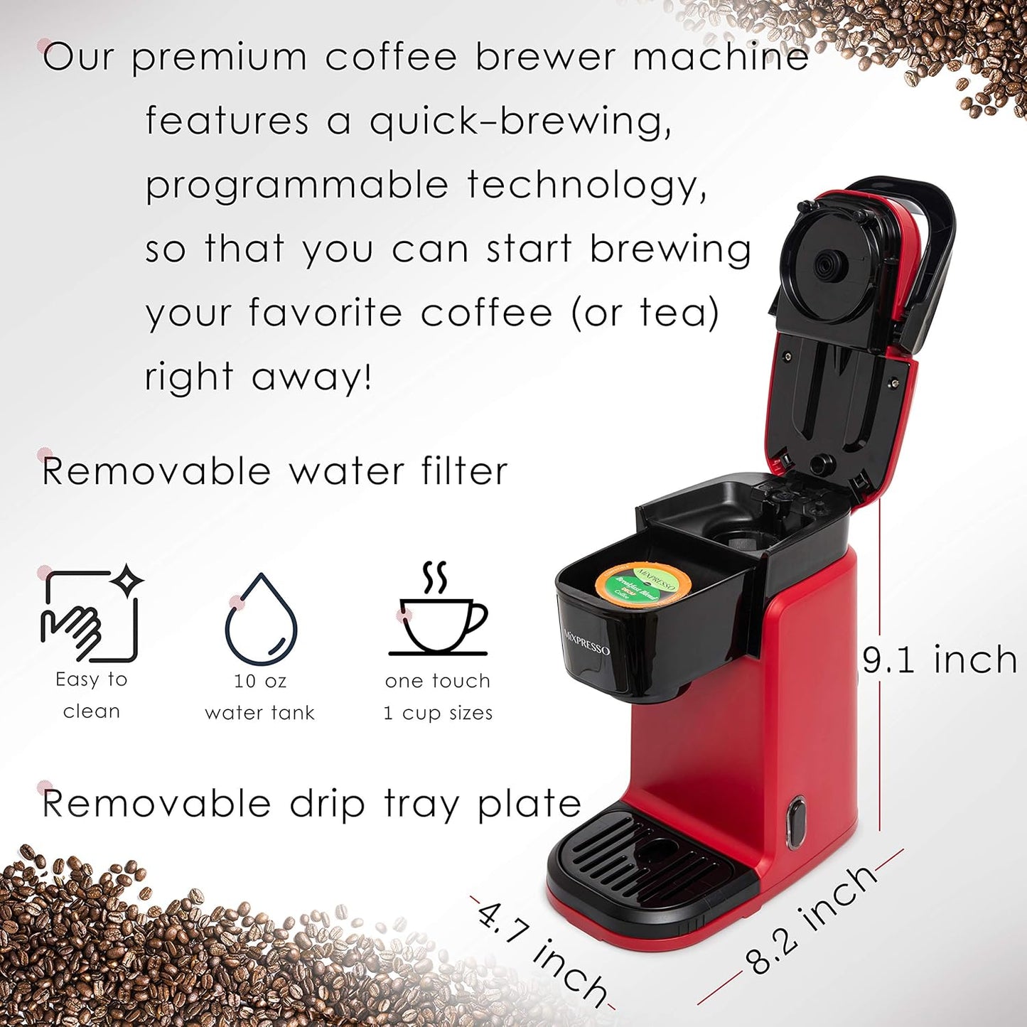 Mixpresso Single Cup Coffee Maker, Personal Single Serve Coffee Brewer Machine, Compatible with Single-Cups, Quick Brew Technology, One Touch Function Red Coffee Maker, 12oz One Cup Coffee Maker