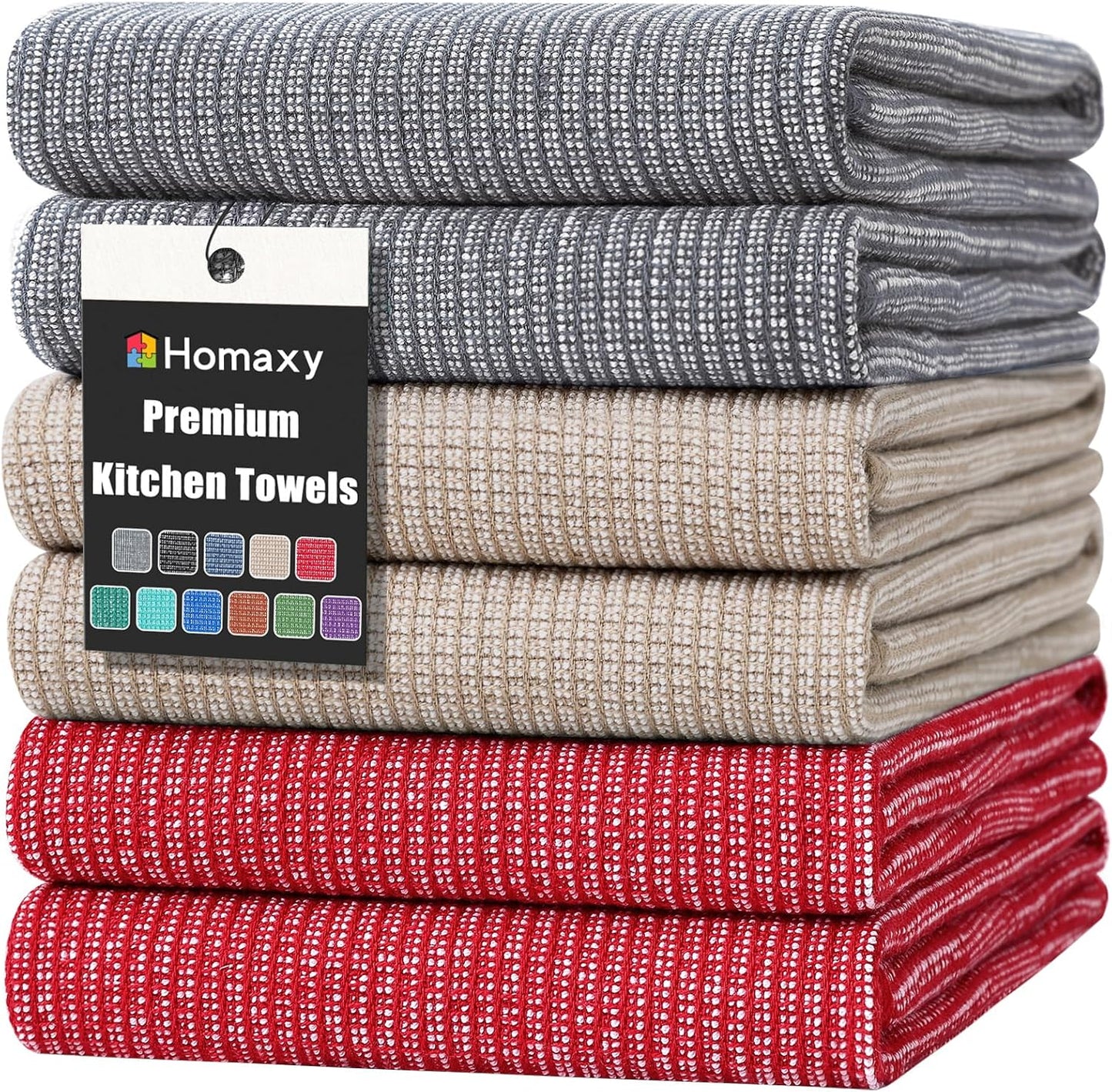 Homaxy Premium Kitchen Towels(18”x 28”, 6 Pack), Large Cotton Kitchen Hand Towels, Flat and Terry Dish Towels, 380 GSM Highly Absorbent Tea Towel Set with Hanging Loop, Red/Grey/Khaki