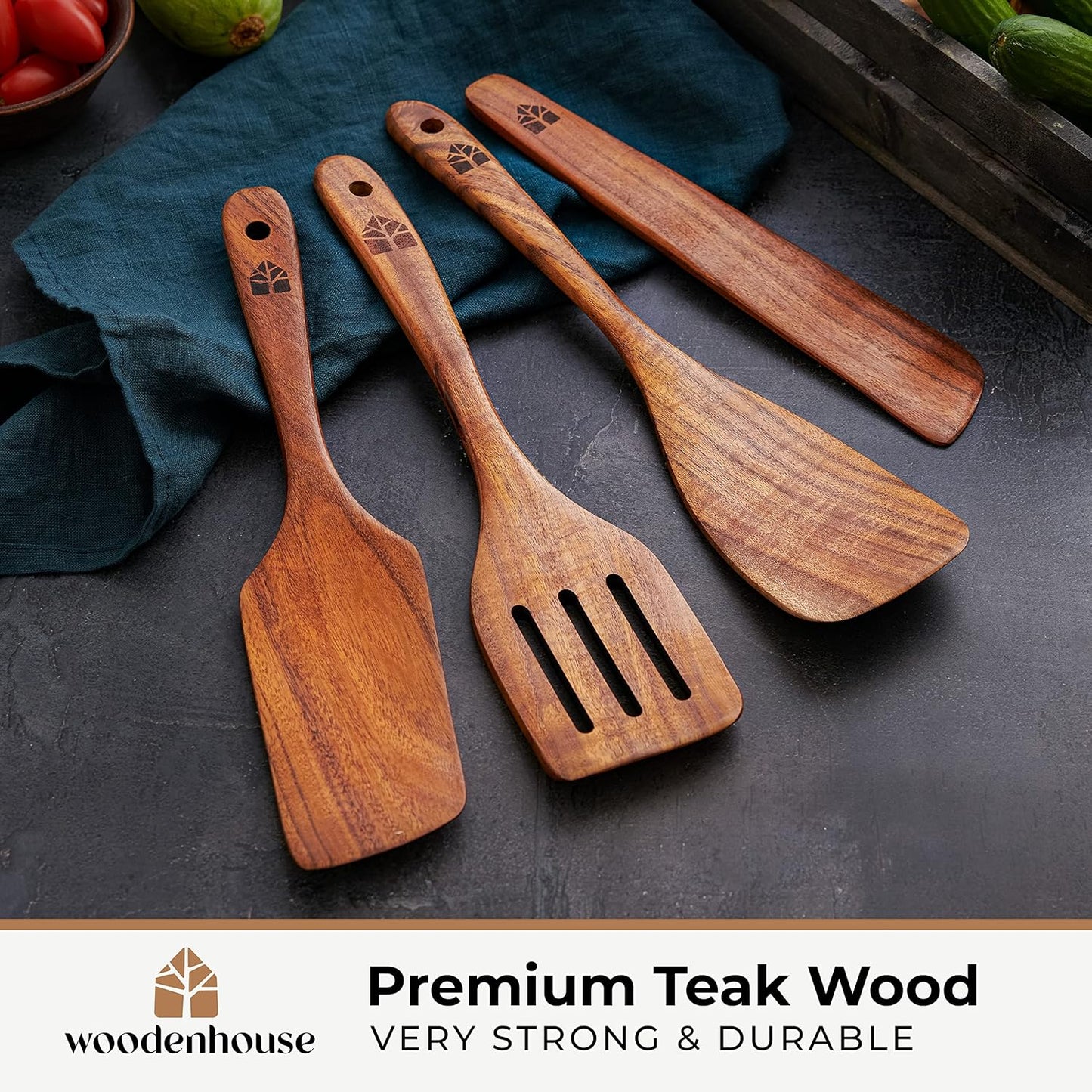 Wooden Spatula for Cooking, Teak Spatulas for Kitchen Use - Wooden Cooking Utensils Set of 4 including Paddle, Turner, Slotted Spurtle and Wood Scraper. Nonstick cookware.