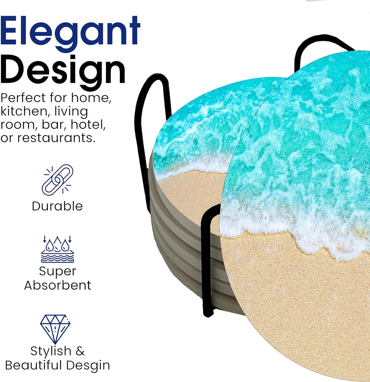 Ocean Coastal Theme Round Coasters Set of 6 - Abosrbent Ceramic Coasters with Metal Stand for Drinks, Beer, Coffee, Non-Slip Cork Back for Tabletop Protection, 4 Inches (Sand)