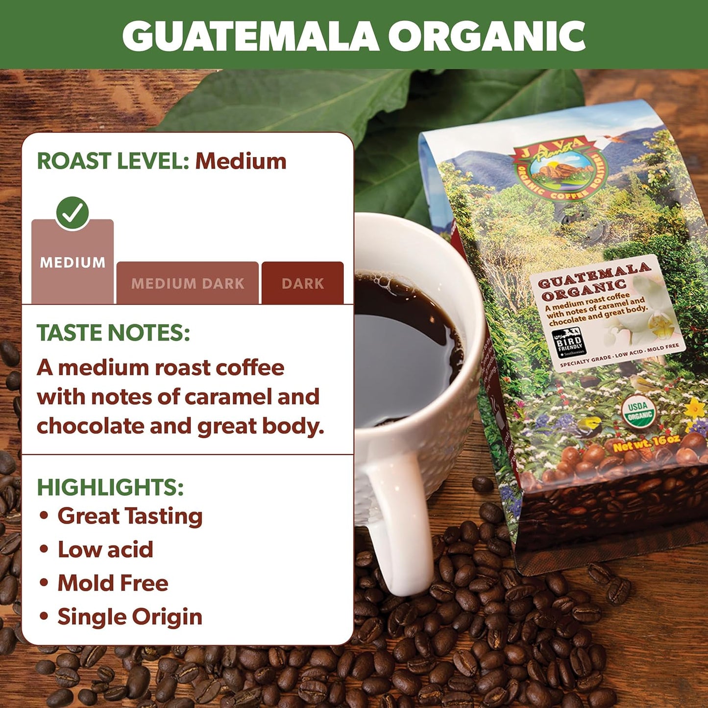 Low Acid Organic Coffee – Whole Bean, Mold-Free & Stomach Friendly by Java Planet, Guatemalan Single Origin Coffee, Medium Roast, Smooth Full Flavored, 2x1LB Bag