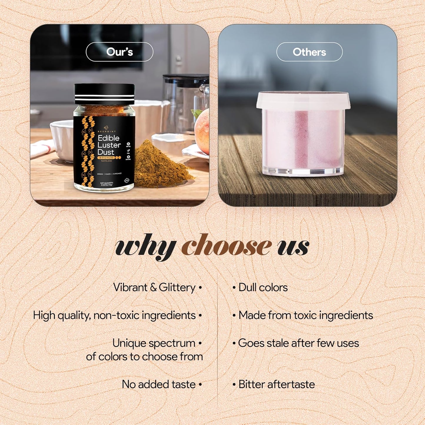 BeePoint Bronze Edible Luster Dust 15g - Food Grade, Vibrant Color Shimmer Powdered Dust for Drinks, Cocktails, Cake Decorating, Baking, Chocolates, Candy, Sweets, & Cookies - Vegan & Gluten Free