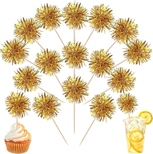 40 PCS Foil Firework Cupcake Toppers Fireworks Cupcake Picks Sparkle Tinsel Cake Decorations Cocktail Fruit Toothpick for Firework Theme Birthday Wedding Graduation Party Decorations Supplies Gold