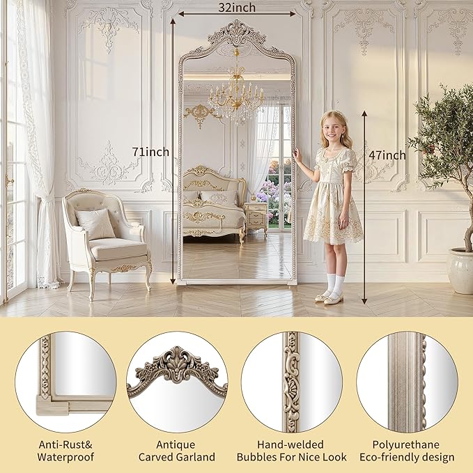 Wall Mount Arched Full Length Mirror, Baroque Antique Vintage Long Mirrors - Image 7