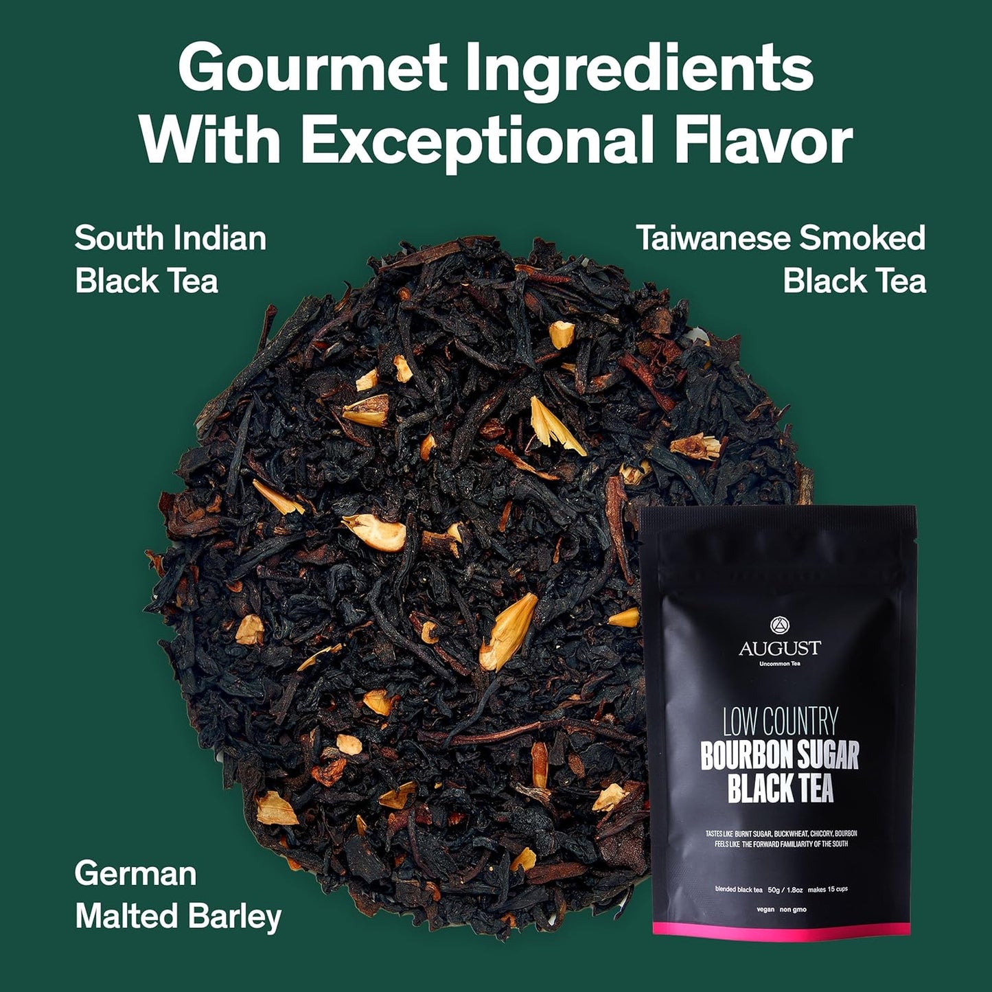 August Uncommon Low Country Bourbon Sugar Black Tea – Vegan, Non-GMO Loose Tea Leaves – Wild Flavor in a 1.75oz Resealable Pouch (Makes 15-30 Cups)