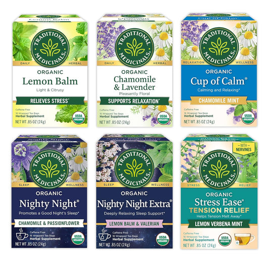 Traditional Medicinals Organic Herbal Tea Variety Pack for Stress and Sleep Support, 6 Flavors, Lavender, Chamomile, Lemon & Valerian Root, 96 Tea Bags, (6 Pack)