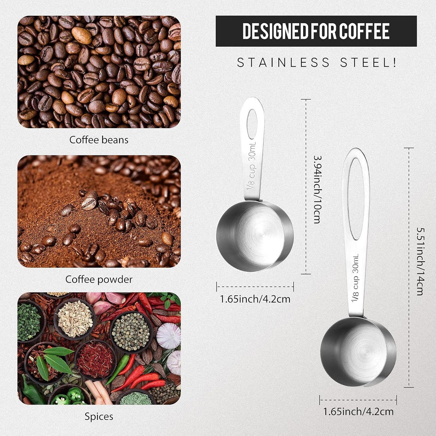 Geiserailie 4 Pcs Coffee Scoop 2 Tablespoon Stainless Steel Coffee Measuring Scoops, Including 2 Short Handled 2 Long Handle for Tea, Sugar and Milk, 30 Ml,1/8 Cup