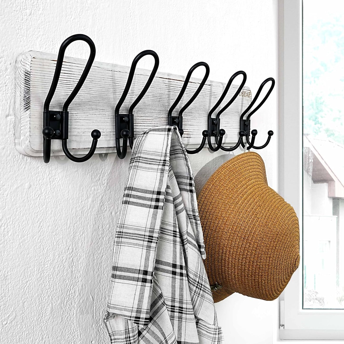 Dseap Coat Rack Wall Mounted - Heavy Duty Farmhouse Rustic Wall Coat Hanger with 5 Wire Hooks for Clothes Hat Jacket Towel, RusticWire, J1-5A, Whitewash & Black, Pack of 2