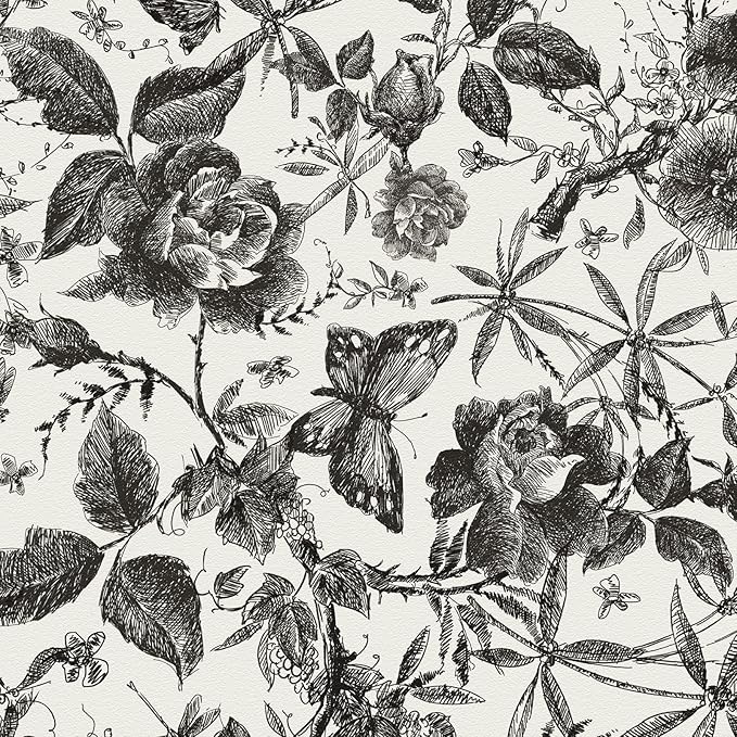 JiffDiff Floral Vintage Wallpaper Peel and Stick Wall Stick Black and White by wallpaper