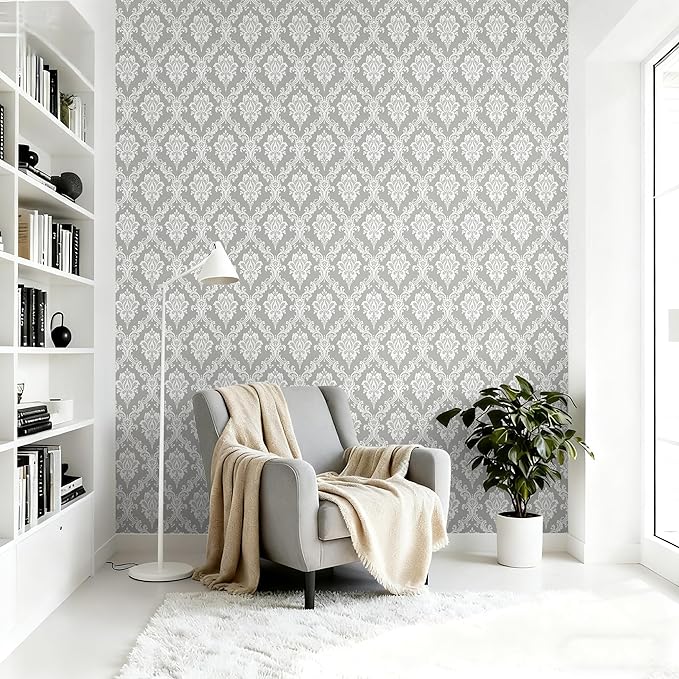 Peel and Stick Wallpaper Grey and White Damask Wallpaper - Image 3