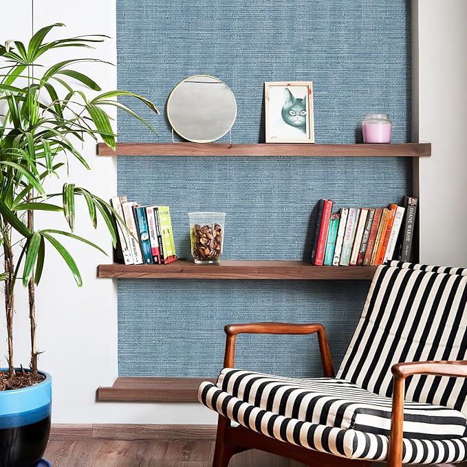 JiffDiff Grasscloth Wallpaper Peel and Stick Blue Grassweave Stick on Wallpaper - Image 9
