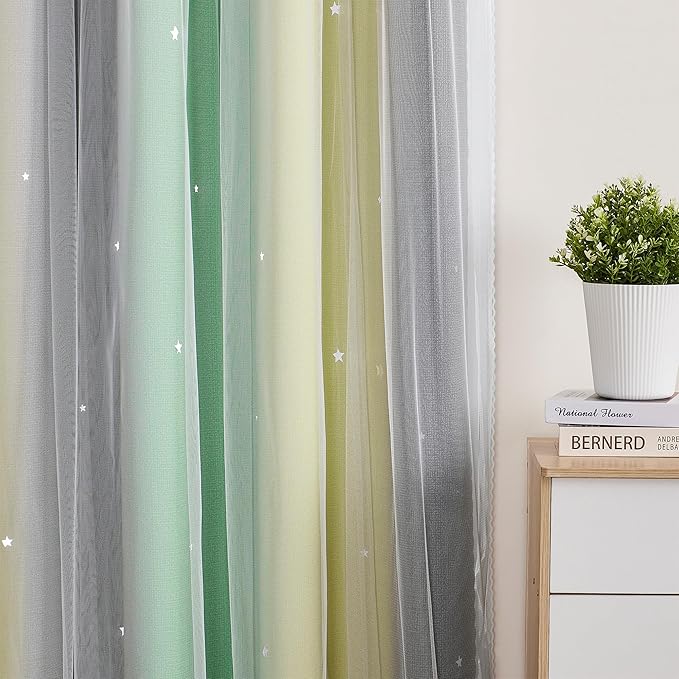 XiDi Curtains for Bedroom Decor, Rainbow GreenYellowGrey52/96/1 - Image 3