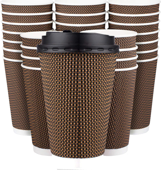Promora Brown Disposable Coffee Cups With Lids 16 oz, Premium Insulated Paper Ripple Cups for Hot Coffee (80 Pack)