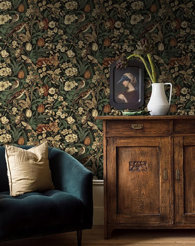 Erfoni 17.3" x 394" Bird Floral Peel and Stick Wallpaper Vintage Contact Paper - Image 7
