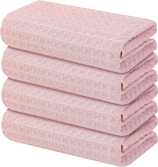 Homaxy Microfiber Waffle Weave Kitchen Towels, 16 x 28 Inch Ultra Absorbent and Solid Color Dish Towels, 4 Pack, Pink
