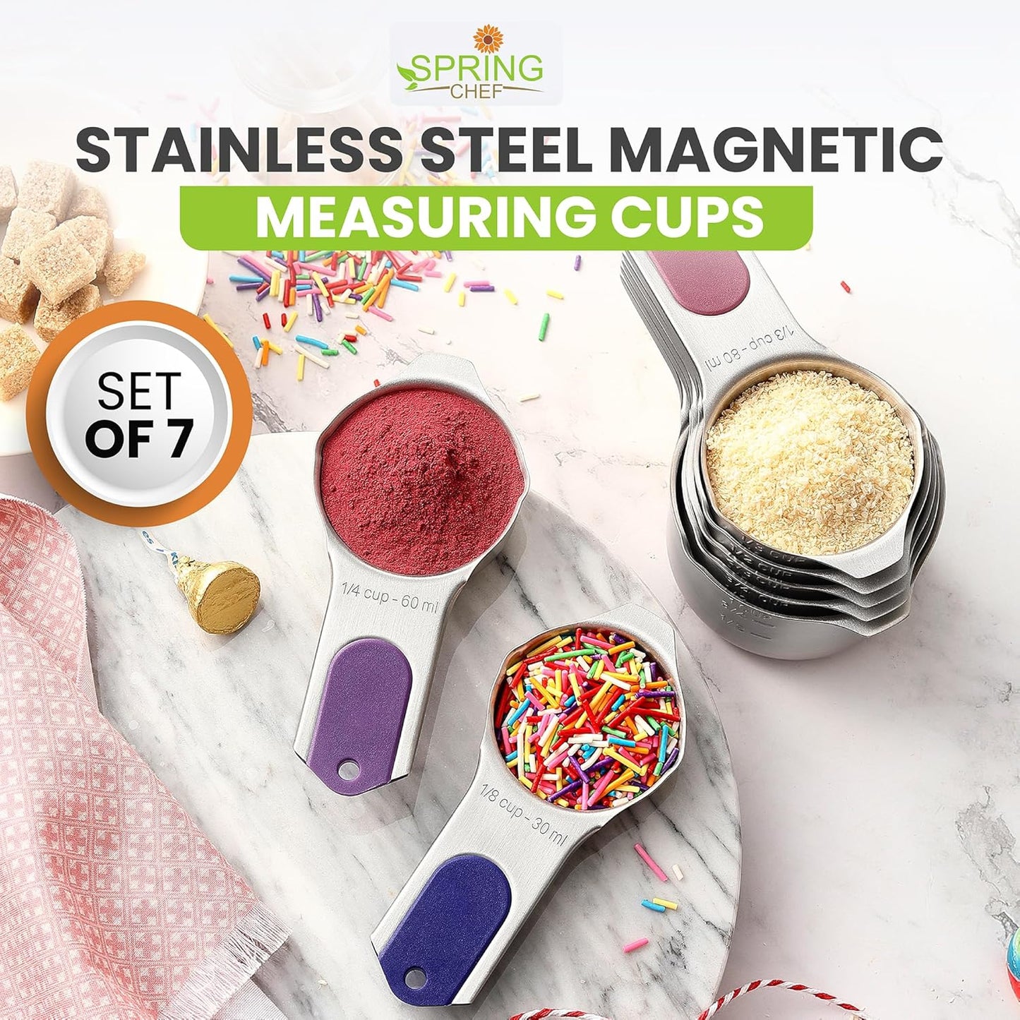 Spring Chef Magnetic Stainless Steel Measuring Cups (Patent Pending), Kitchen Tools with Easy to Read Markings for Measuring Dry or Liquid Ingredients, Set of 7, Mountain Sunrise