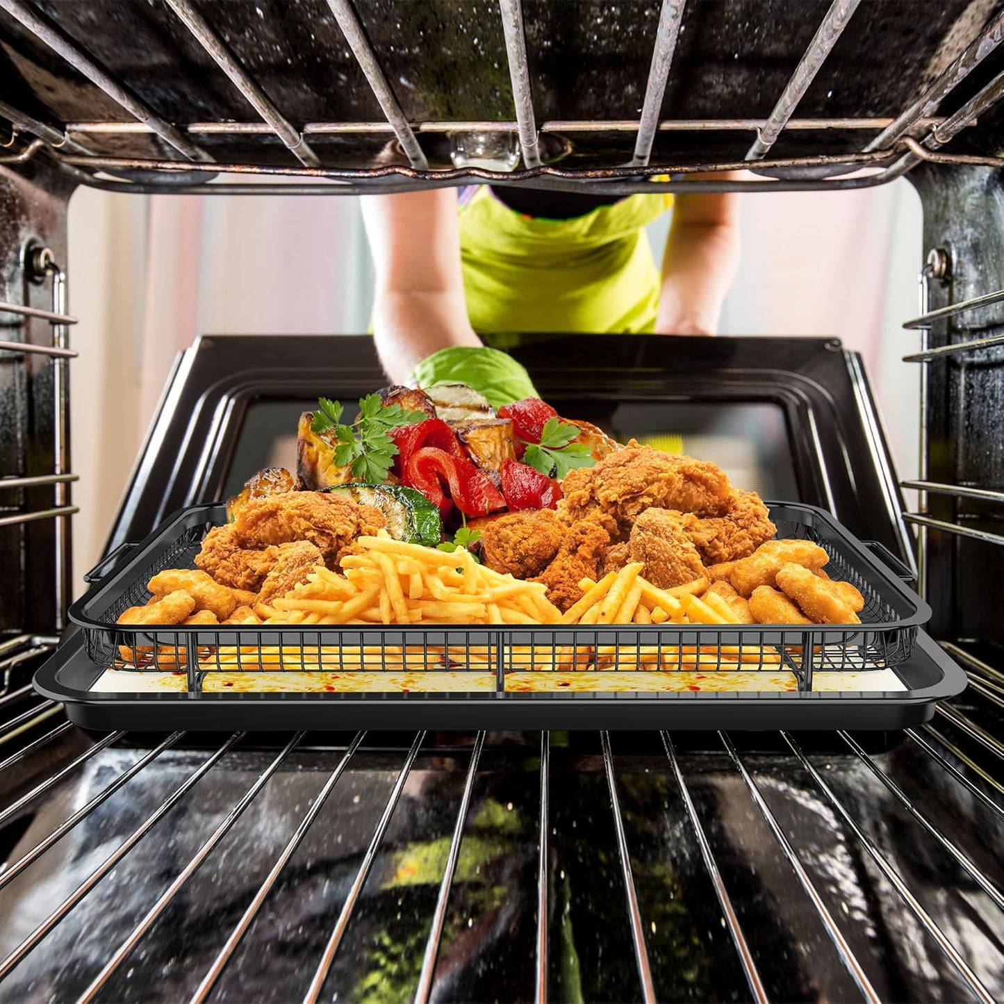 Air Fryer Basket for Oven, OPENICE 18.6" x 12.8" Air Fryer Basket and Tray Set, Extra Large Stainless Steel Air Fryer Pan Crisper Tray for Crisping Fried, Chicken, Bacon - Black
