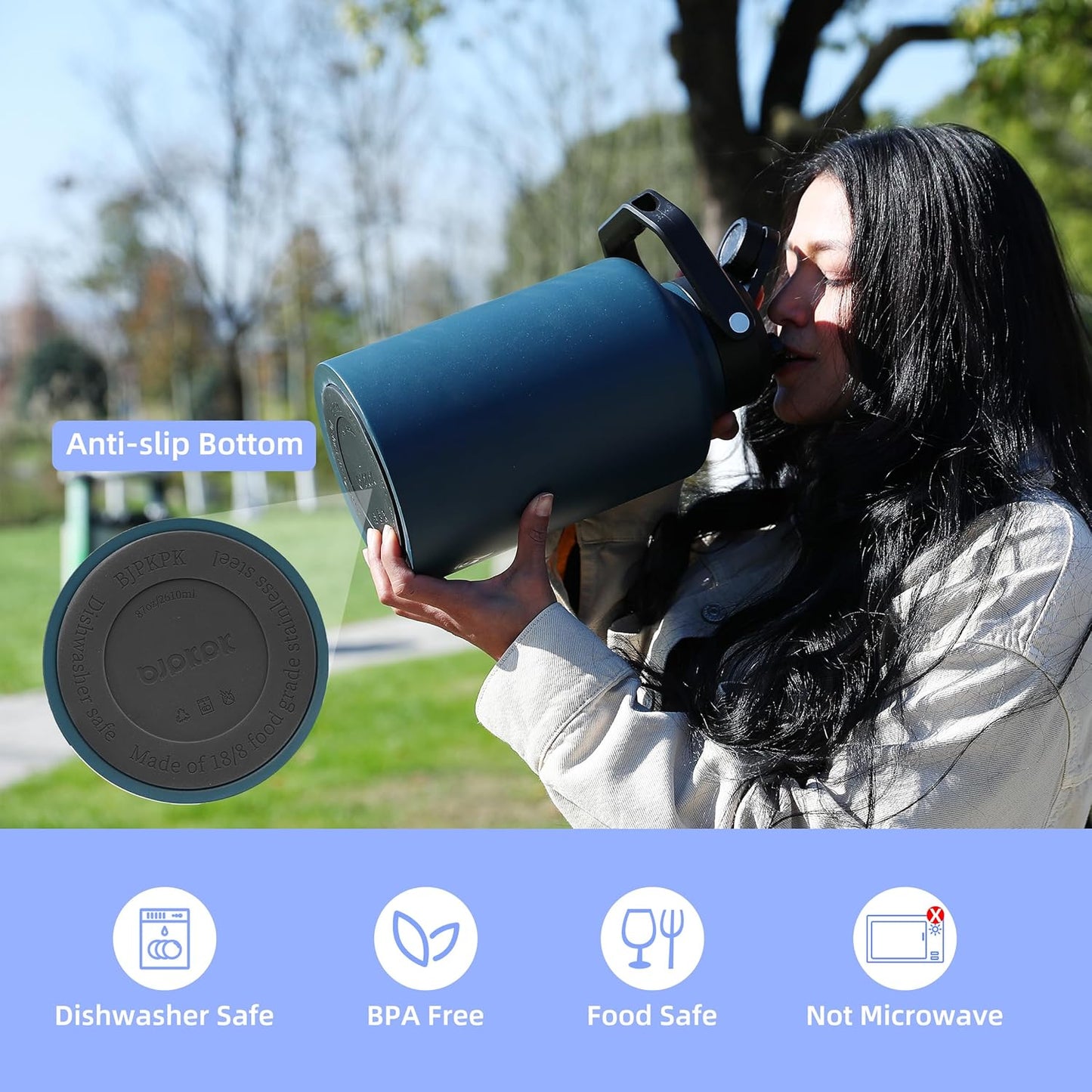 BJPKPK 87oz Insulated Water Bottle, Dishwasher Safe 2/3 Gallon Water Bottle with Ergonomic Handle, BPA Free Leak Proof Water Jug, Stainless Steel Metal Water Bottle with Anti-slip Bottom,Vast