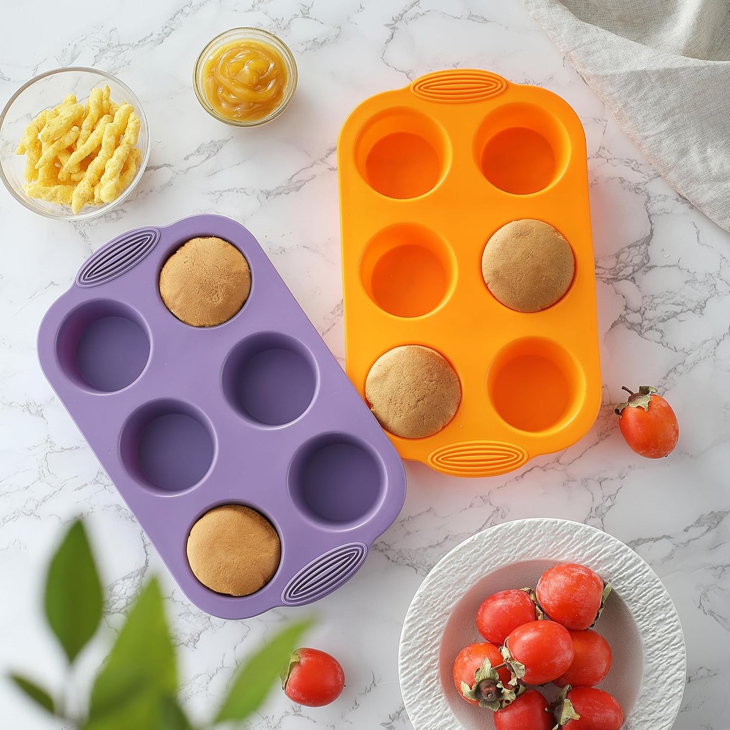 JJOO 2PCS Silicone Muffin Pan, 6-Cavity Nonstick Muffin Cupcake Pans Molds for Baking, Great for Cupcakes, Muffin, Brownies and More, BPA Free, Pack of 2 Colors (Orange and Purple)