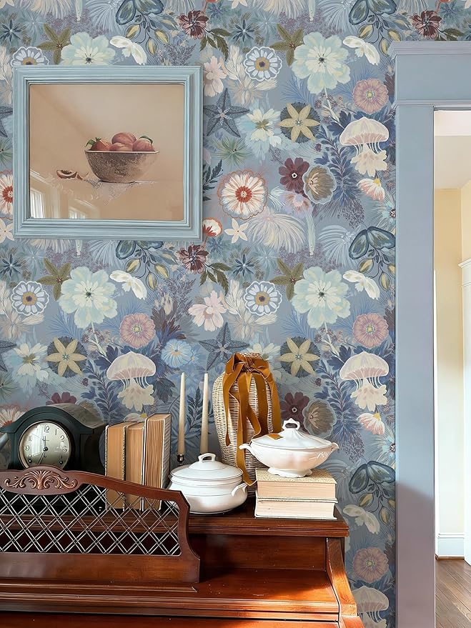 Ismoon Floral Peel and Stick Wallpaper Vintage Blue Contact Paper Jellyfish - Image 3