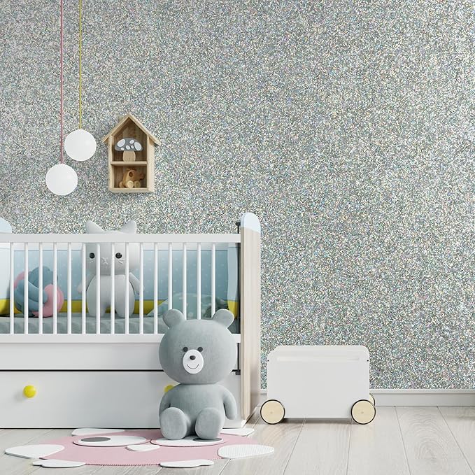 CHIHUT Peel and Stick Silver Holographic Glitter Wallpaper - Image 3
