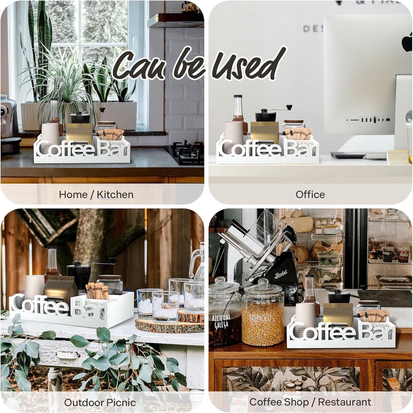 Coffee Bar Organizer for Countertop – Wooden Coffee Station Caddy with Compartments for Pods, Condiments, Tea, and Accessories – Home and Office Mini Coffee Station Organizer (White)