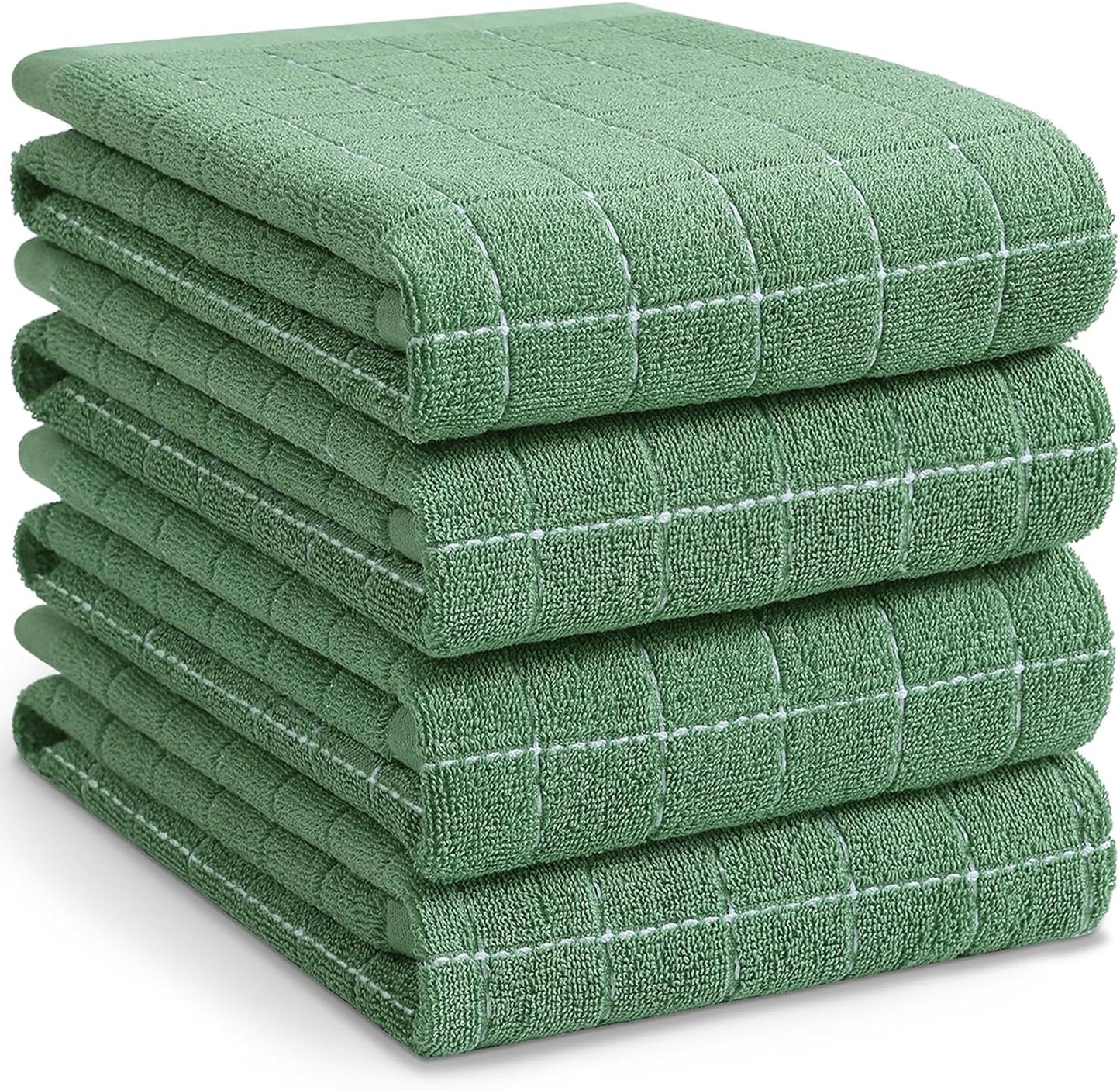 Homaxy 100% Cotton Terry Kitchen Towels(Grass Green, 20 x 28 inches), Checkered Designed, Soft and Super Absorbent Dish Towels, Large 4 Pack